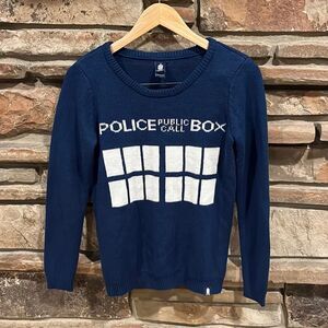 Dr Who BBC Tardis Police Public Call Box Knit Crewneck Sweater